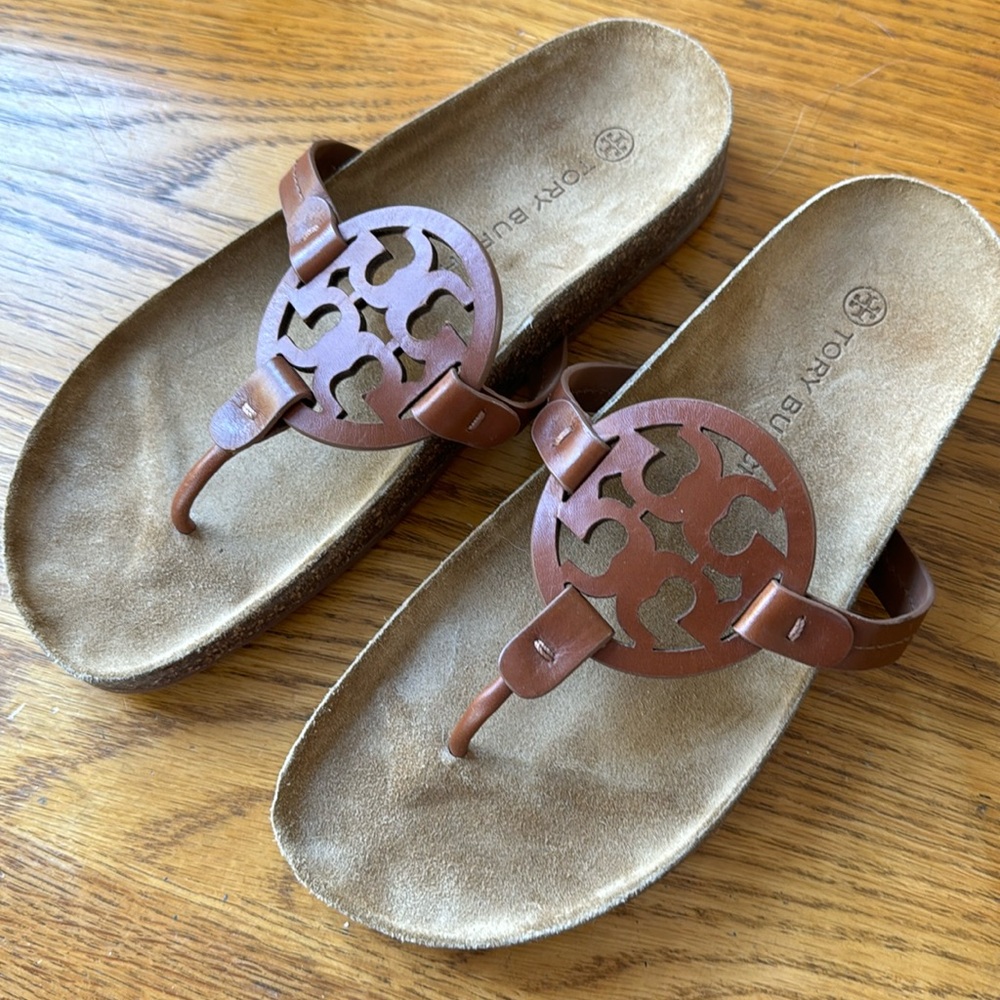 Tory Burch, Cloud slip ons.  Leather/suede/cork, brown thong, size 9.